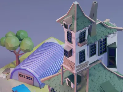 low poly Gameasset3 house with car Low-poly 3D model