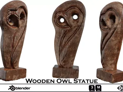 Wooden Owl Statue - Hand-Carved Animal Sculpture 3D model
