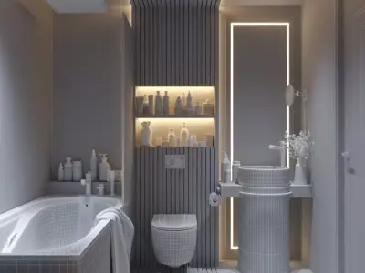 Realistic Modern Luxury Marble-Wood Bathroom Interior 3D Model 3D model