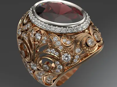 Classic ring with oval garnet and diamonds 3D print model