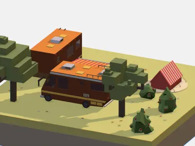 brown tourist van on halt in meadow Low-poly 3D model