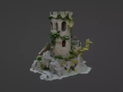 Medieval Stone Tower Ruin with Overgrowth 3D model