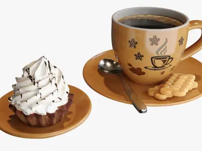 Coffee cup with cake and cookies 3D model