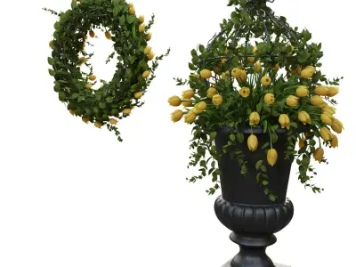 Vase with tulips and a wreath of tulips 01 3D model