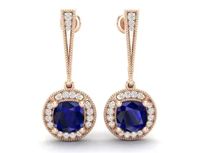 AV 552 Cushion Cut and Round Diamond Ladies Halo Drop Earrings 3D print model