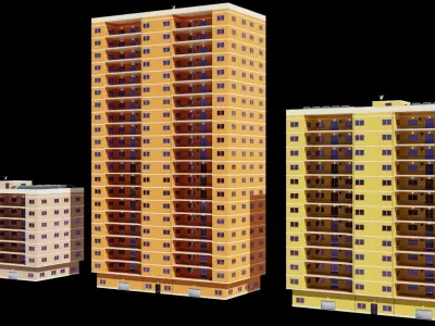 3 Realistic residential city building  Low-poly 3D model