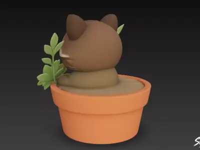 Raccoon in Flower Pot Low-poly 3D model
