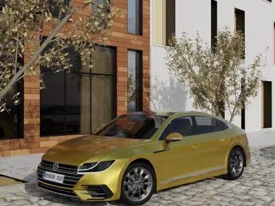 Modern exterior with VW Arteon R-line 2017 Low-poly 3D model