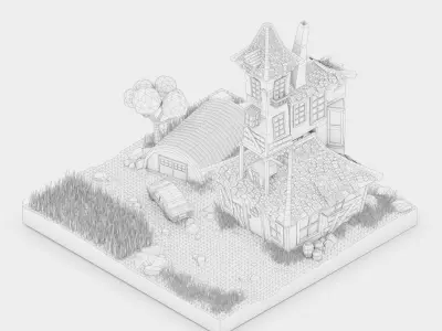 low poly Gameasset3 house with car Low-poly 3D model