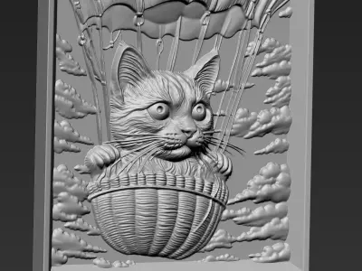Kitten riding a hot air balloon A47 3D print model