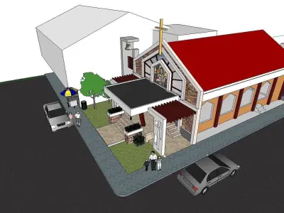 Architecture-Religion-God-Culture-Temple-0119 church with car 3D model