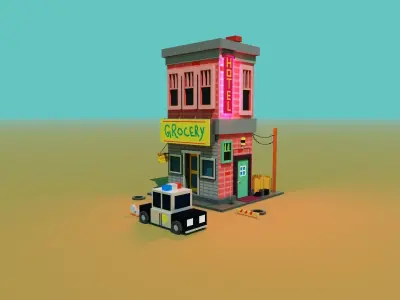 Voxel 3d hotel with grocery store and a police car 3D model