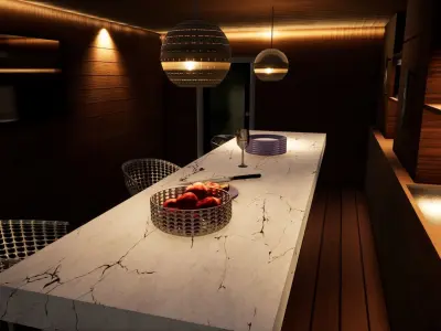kitchen with wooden cabinets and lighting Free low-poly 3D model