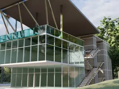 Building modern glass house in woods 3D model