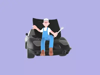 Stylized 3D Angry Mechanic on Car Bumper - Cartoon 3D model
