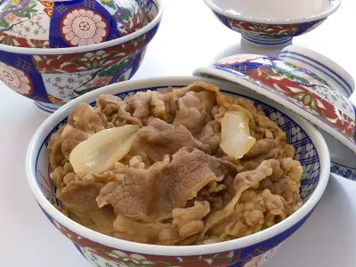 Gyudon and Donburi bowl with lid - Japanese Beef Rice Bowl Low-poly 3D model