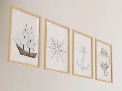 Set of watercolor paintings in wooden frames 3D model