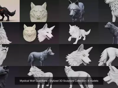 Mystical Wolf Guardians - Stylized 3D Sculpture Collection