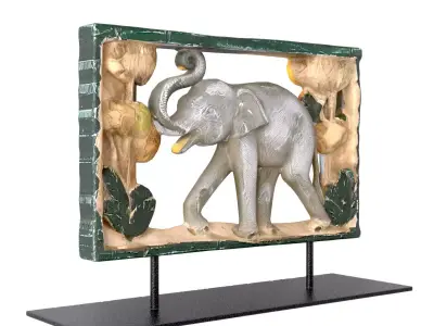 Thai Hand-Painted Wooden Elephant Wall Relief 3D model