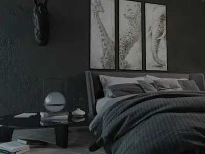 Bedroom-Bathroom modern bedroom with mountains 3D model