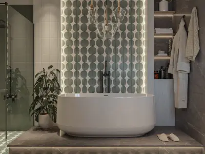 Bathroom modern with wooden floors and tiled walls 3D model