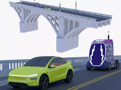 Bridge with truck and Tesla 3D model