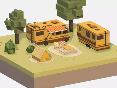 yellow tourist van on halt in meadow Low-poly 3D model