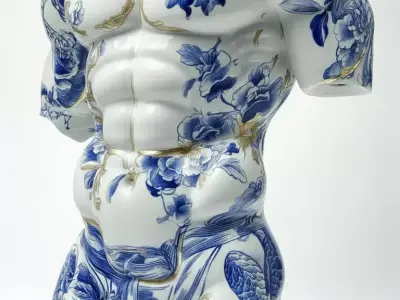 Porcelain Male Torso Artistic Ceramic Sculpture Floral Low-poly 3D model