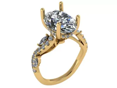 oval solitaire under halo with waved shank marquise on the side  3D print model