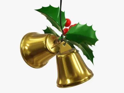 Christmas golden bells with holly berries 3D model
