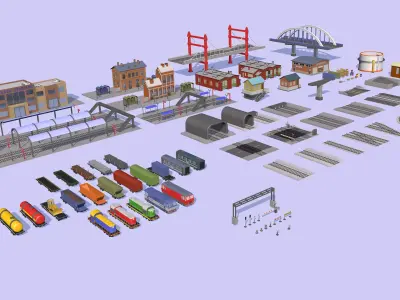Cartoon Low-poly Railway Station Package 2 3d model Low-poly 3D model