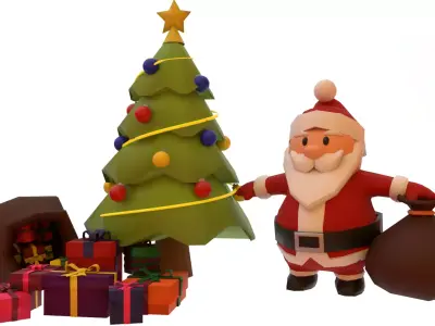 Christmas Tree And Santa with Presents Low-poly 3D model