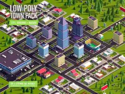 Cartoon Low Poly Town City Pack Low-poly 3D model