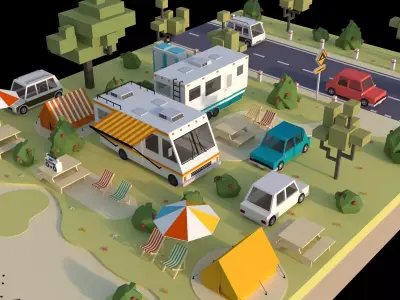 Low poly isometric camping and beach scenes Low-poly 3D model