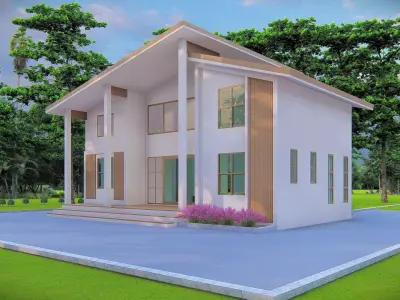 Contemporary Modern House Exterior 3D Model with Sloped Roof 3D model
