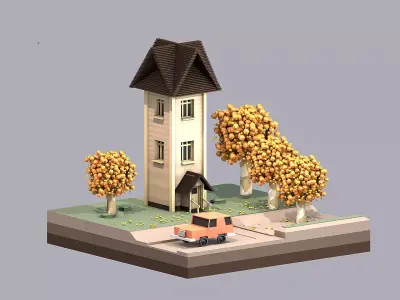 Low Poly - Antumn house with trees and car Low-poly 3D model