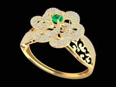Floral Diamond Ring with Green Gemstone Center 1214 3D print model
