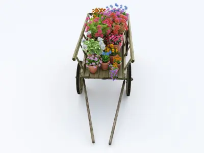 wooden cart flower pot 3D model