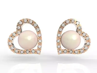 Elegant Pearl Heart Stud Earrings Diamond 3D print model