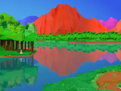 Lakeside lake with trees and mountains Free low-poly 3D model