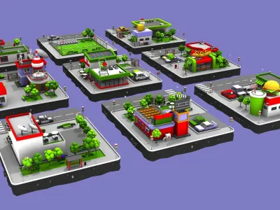 Cartoon Low Poly City - 9 Blocks Low-poly 3D model