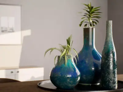 Vase Collection three vases with flowers on shelf Low-poly 3D model