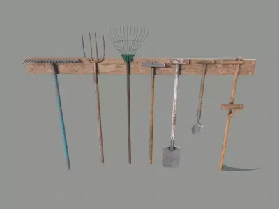 Tool Rack with Garden Tools Low-poly 3D model