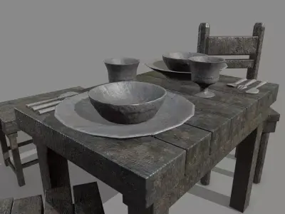 Medieval Set wooden chair Low-poly 3D model