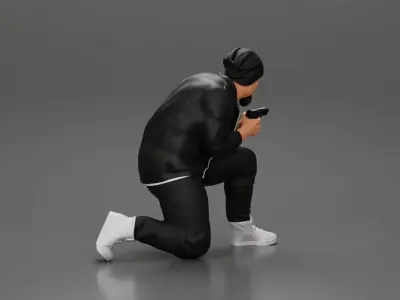 Gangster in jacket sitting holding a gun hides behind the car 3D print model