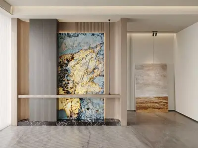 Luxury Foyer with Backlit Stone Art and Minimalist Console 3D model