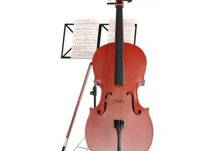 Wooden Cello made of wood with stand and music 3D model