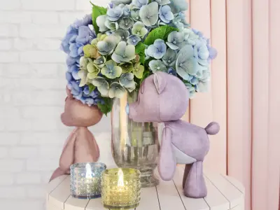 Decorative set with hydrangea and bears Low-poly 3D model
