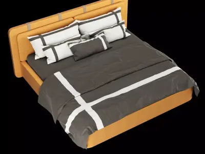 Bed with pillows and blanket 002 3D model