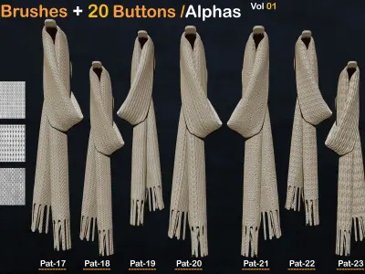 60 Fabric Brushes-20 Buttons -Alphas    Vol 01 3D model